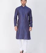 Men Blue Cotton Silk Kurta And Pyjama Set