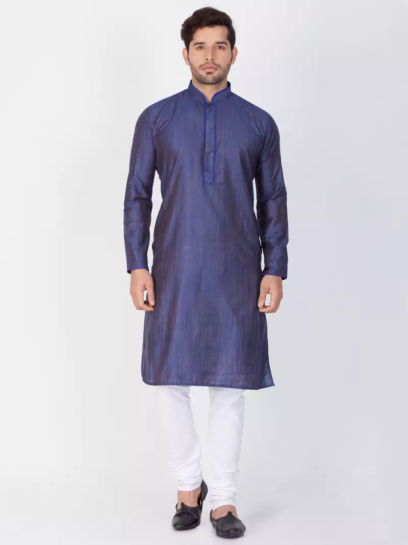 Men Blue Cotton Silk Kurta And Pyjama Set