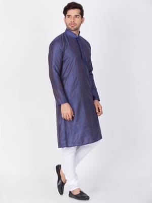 Men Blue Cotton Silk Kurta And Pyjama Set 3