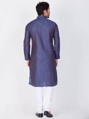 Men Blue Cotton Silk Kurta And Pyjama Set 4