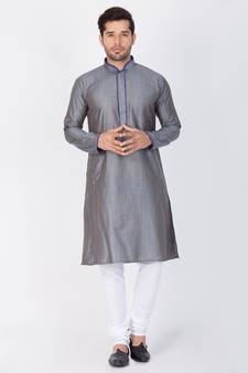 Men Grey Cotton Silk Kurta And Pyjama Set