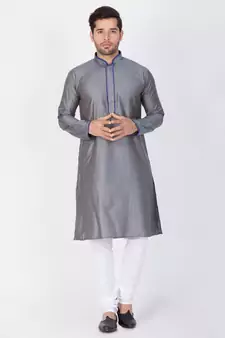 Men Grey Cotton Silk Kurta And Pyjama Set
