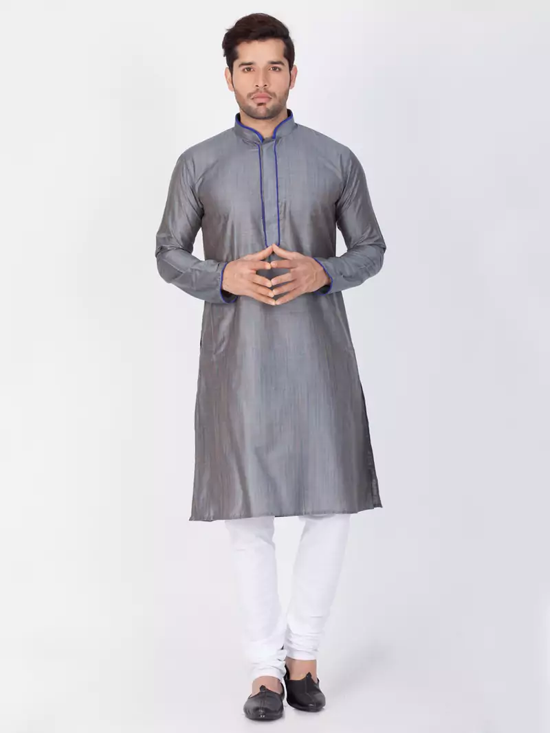 Men Grey Cotton Silk Kurta And Pyjama Set