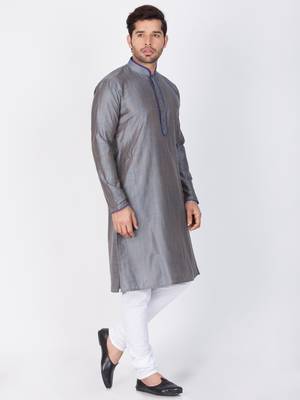 Men Grey Cotton Silk Kurta And Pyjama Set 3