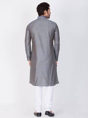 Men Grey Cotton Silk Kurta And Pyjama Set 4