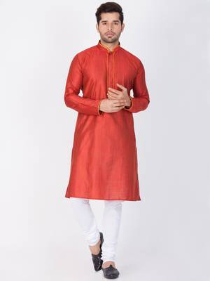 Men Maroon Cotton Silk Kurta And Pyjama Set 1