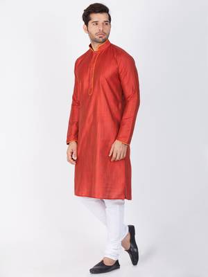Men Maroon Cotton Silk Kurta And Pyjama Set 3
