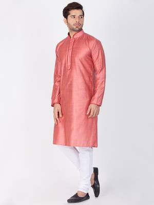 Men Pink Cotton Silk Kurta And Pyjama Set 3
