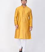 Men Yellow Cotton Silk Kurta And Pyjama Set