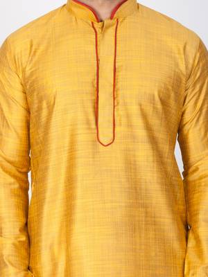 Men Yellow Cotton Silk Kurta And Pyjama Set 2