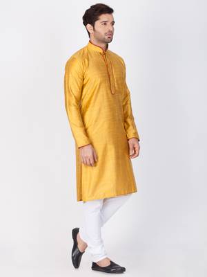 Men Yellow Cotton Silk Kurta And Pyjama Set 3