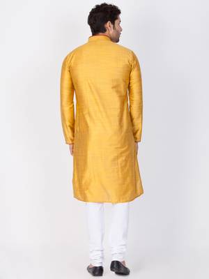 Men Yellow Cotton Silk Kurta And Pyjama Set 4