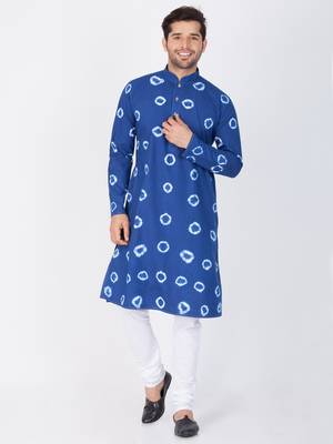 Men Blue Cotton Kurta And Pyjama Set 1