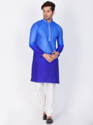 Men Blue Cotton Silk Kurta And Pyjama Set 1