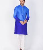 Men Blue Cotton Silk Kurta And Pyjama Set