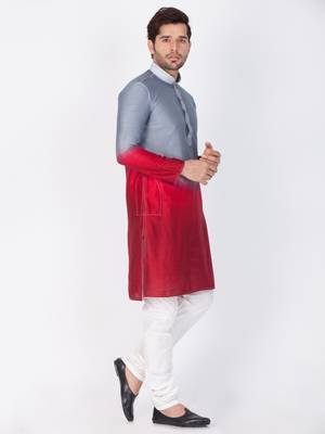 Men Grey Cotton Silk Kurta And Pyjama Set 2