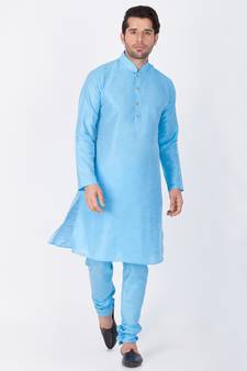Men Light Blue Cotton Silk Kurta And Pyjama Set