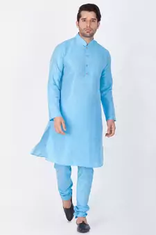 Men Light Blue Cotton Silk Kurta And Pyjama Set