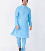 Men Light Blue Cotton Silk Kurta And Pyjama Set