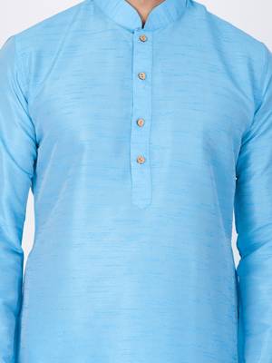 Men Light Blue Cotton Silk Kurta And Pyjama Set 2