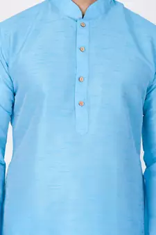 Men Light Blue Cotton Silk Kurta And Pyjama Set