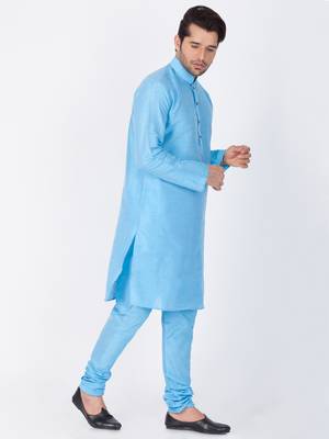 Men Light Blue Cotton Silk Kurta And Pyjama Set 3