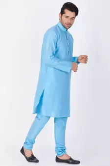 Men Light Blue Cotton Silk Kurta And Pyjama Set