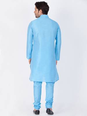 Men Light Blue Cotton Silk Kurta And Pyjama Set 4
