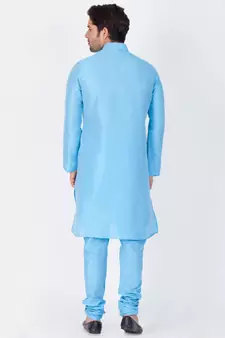 Men Light Blue Cotton Silk Kurta And Pyjama Set