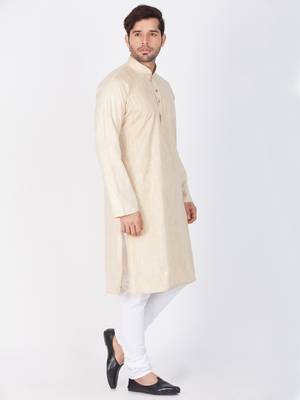 Men Beige Cotton Kurta And Pyjama Set 3