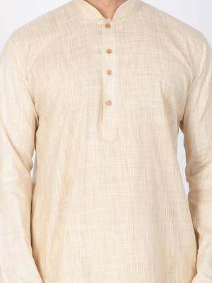 Men Beige Cotton Kurta And Pyjama Set 4