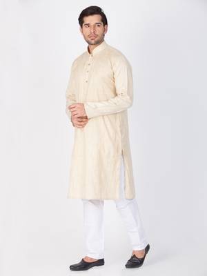 Men Beige Cotton Kurta And Pyjama Set 3