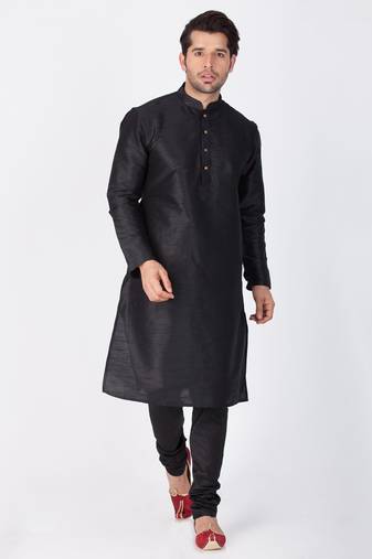 Men Black Cotton Silk Kurta And Pyjama Set