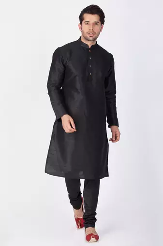 Men Black Cotton Silk Kurta And Pyjama Set