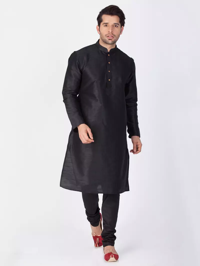 Men Black Cotton Silk Kurta And Pyjama Set