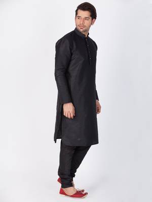 Men Black Cotton Silk Kurta And Pyjama Set 3