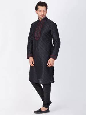 Men Black Cotton Silk Kurta And Pyjama Set 3