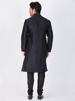 Men Black Cotton Silk Kurta And Pyjama Set 4