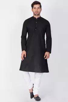 Men Black Linen Kurta And Pyjama Set
