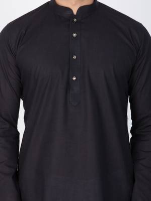 Men Black Linen Kurta And Pyjama Set 2
