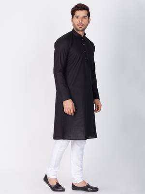 Men Black Linen Kurta And Pyjama Set 3