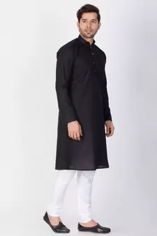 Men Black Linen Kurta And Pyjama Set