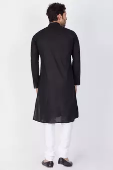 Men Black Linen Kurta And Pyjama Set