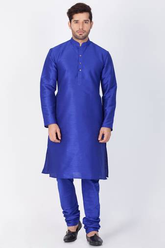 Men Blue Cotton Silk Kurta And Pyjama Set