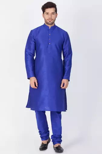 Men Blue Cotton Silk Kurta And Pyjama Set