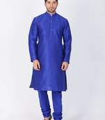 Men Blue Cotton Silk Kurta And Pyjama Set