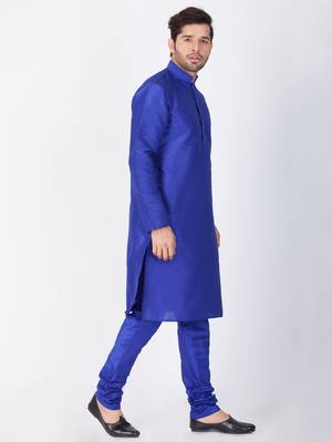 Men Blue Cotton Silk Kurta And Pyjama Set 3