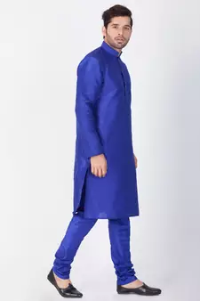 Men Blue Cotton Silk Kurta And Pyjama Set