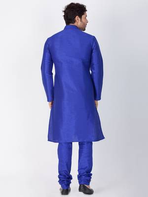 Men Blue Cotton Silk Kurta And Pyjama Set 4