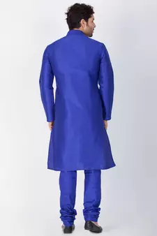 Men Blue Cotton Silk Kurta And Pyjama Set